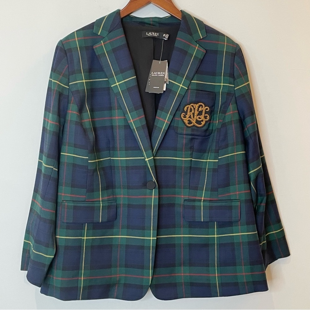 Lauren Ralph Lauren Tartan Plaid Blazer Jacket Wool Blend Bullion Patch 16W NWT - Picture 2 of 15